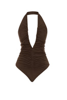 Brown AWAVE deep V-neck ruched bodysuit, close-up of the fitted top with ruching detail and V-neck design.