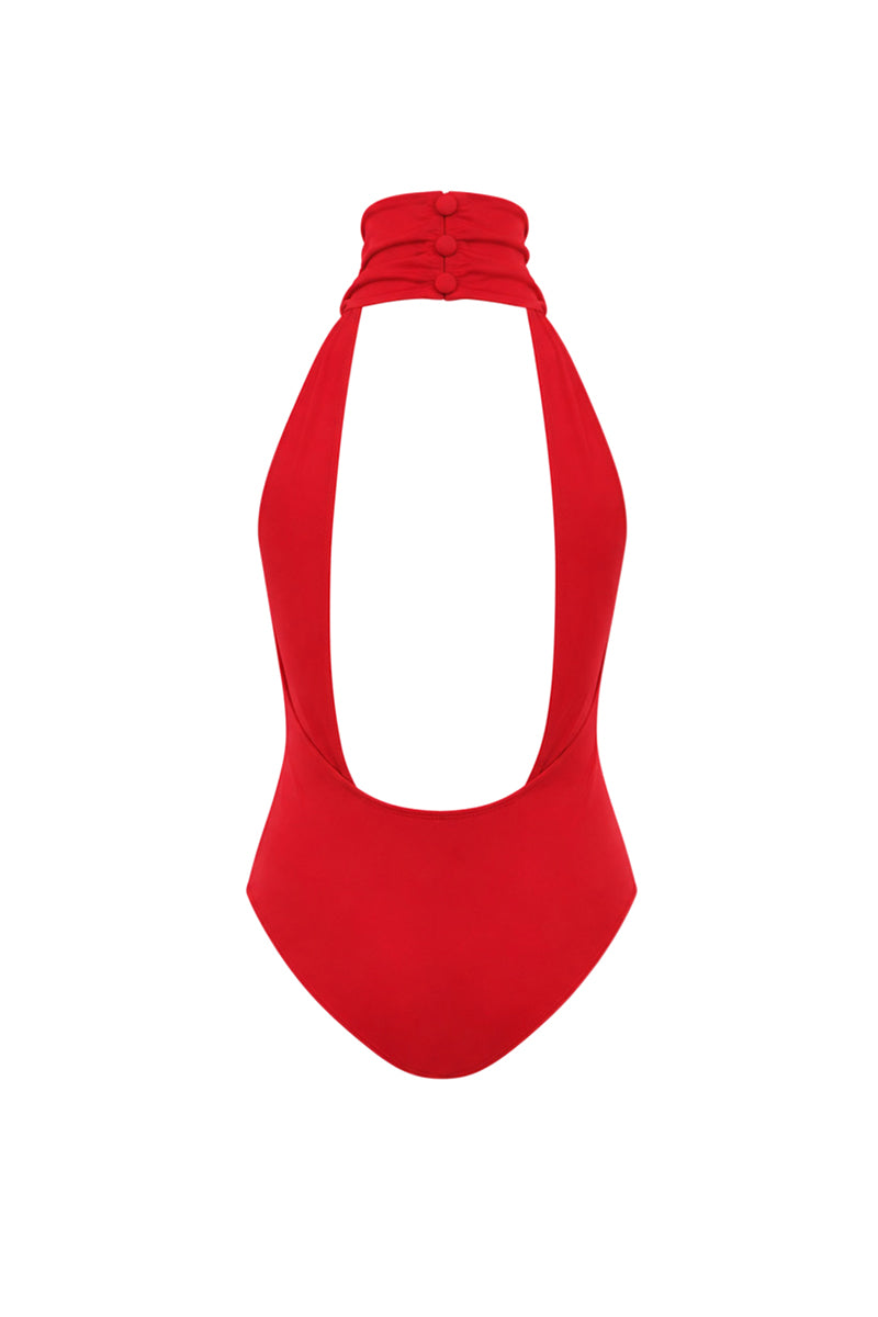 Red AWAVE turtleneck bodysuit with open back detail, long sleeve top for stylish, fitted wear.