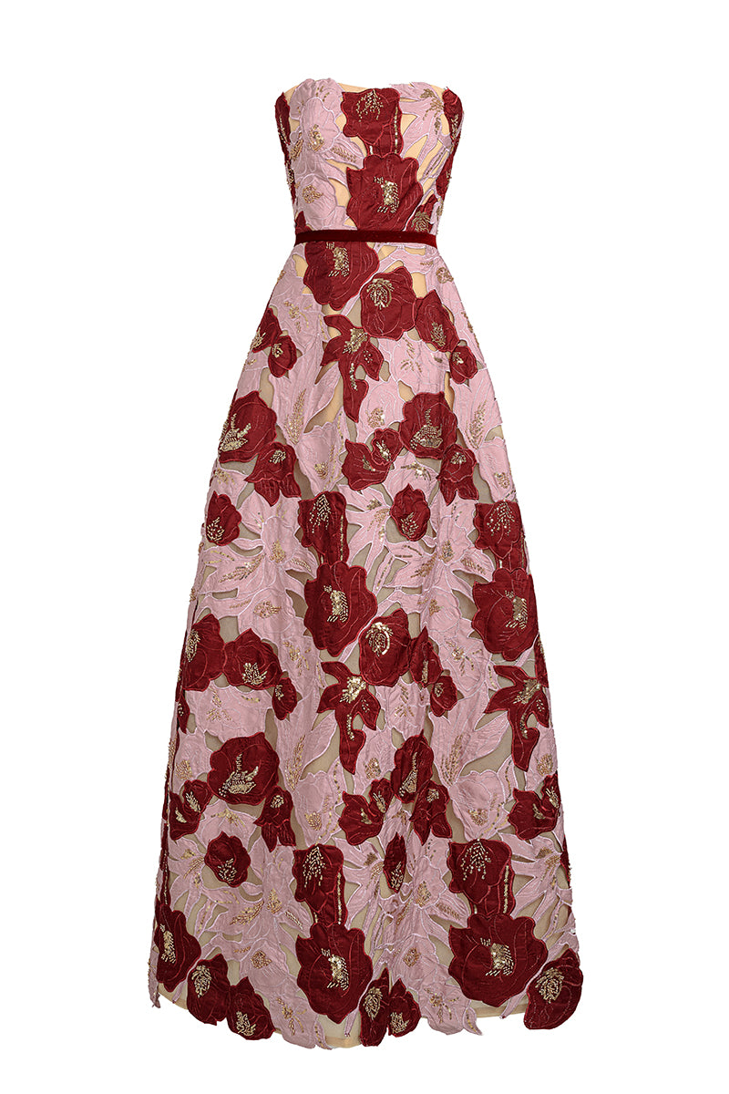 Elegant rose petal strapless gown by Happy Clothing, flowing fabric with a fitted bodice and soft floral details.