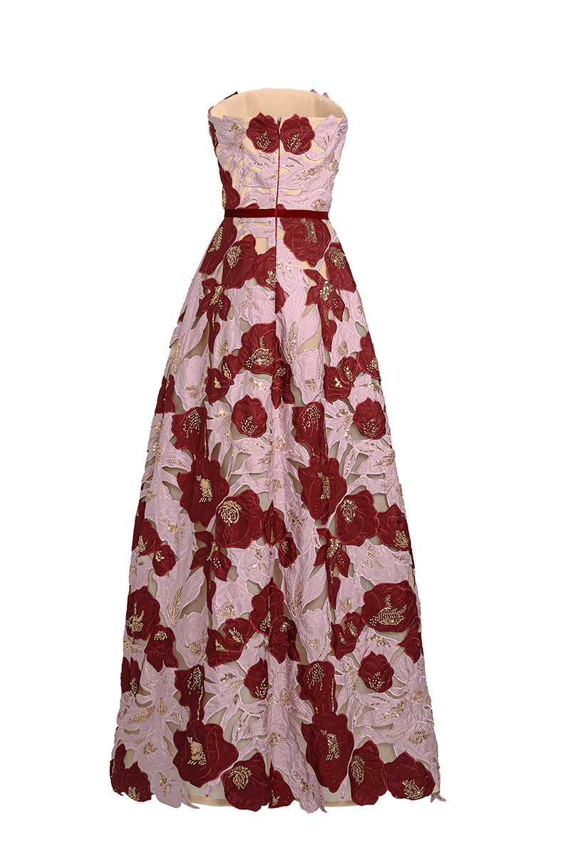 Rose petal strapless gown by Happy Clothing featuring a flowing design and elegant fit, perfect for formal occasions.