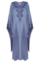 Navy Adelaide long buttoned maxi dress by Bocan Couture, flowing fabric with front buttons, stylish evening wear.