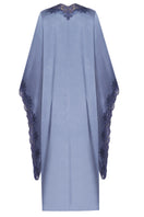 Navy Adelaide long buttoned maxi dress by Bocan Couture displayed on a hanger, showcasing its elegant flowy design and button details.