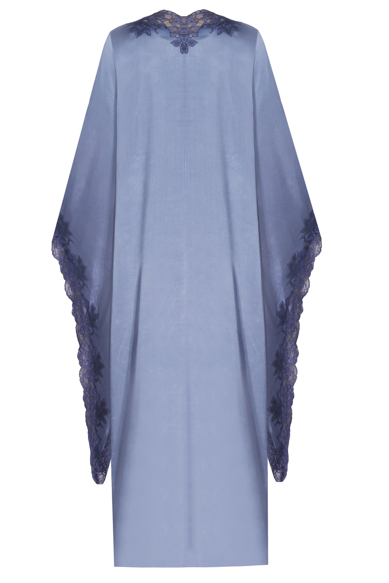 Navy Adelaide long buttoned maxi dress by Bocan Couture displayed on a hanger, showcasing its elegant flowy design and button details.