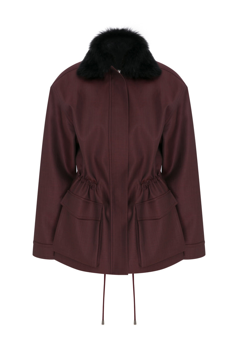 Tagg wool coat with adjustable fur collar, stylish jacket featuring a cozy fur-lined collar and classic wool fabric.