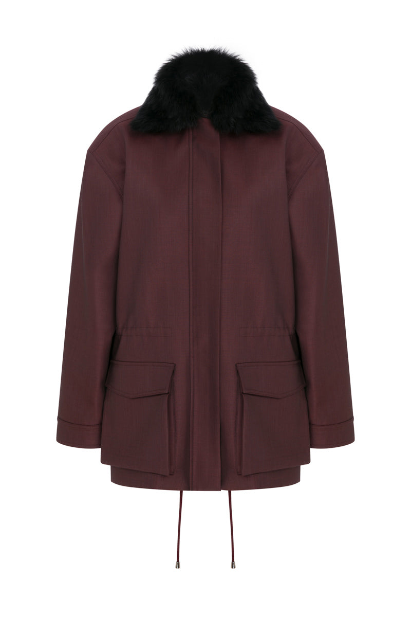 Tagg wool coat with adjustable fur collar, stylish winter jacket featuring a warm, plush fur detail and classic design.