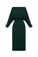 Deep green off-the-shoulder midi dress by UNDRESS featuring a flowing silhouette and elegant design.