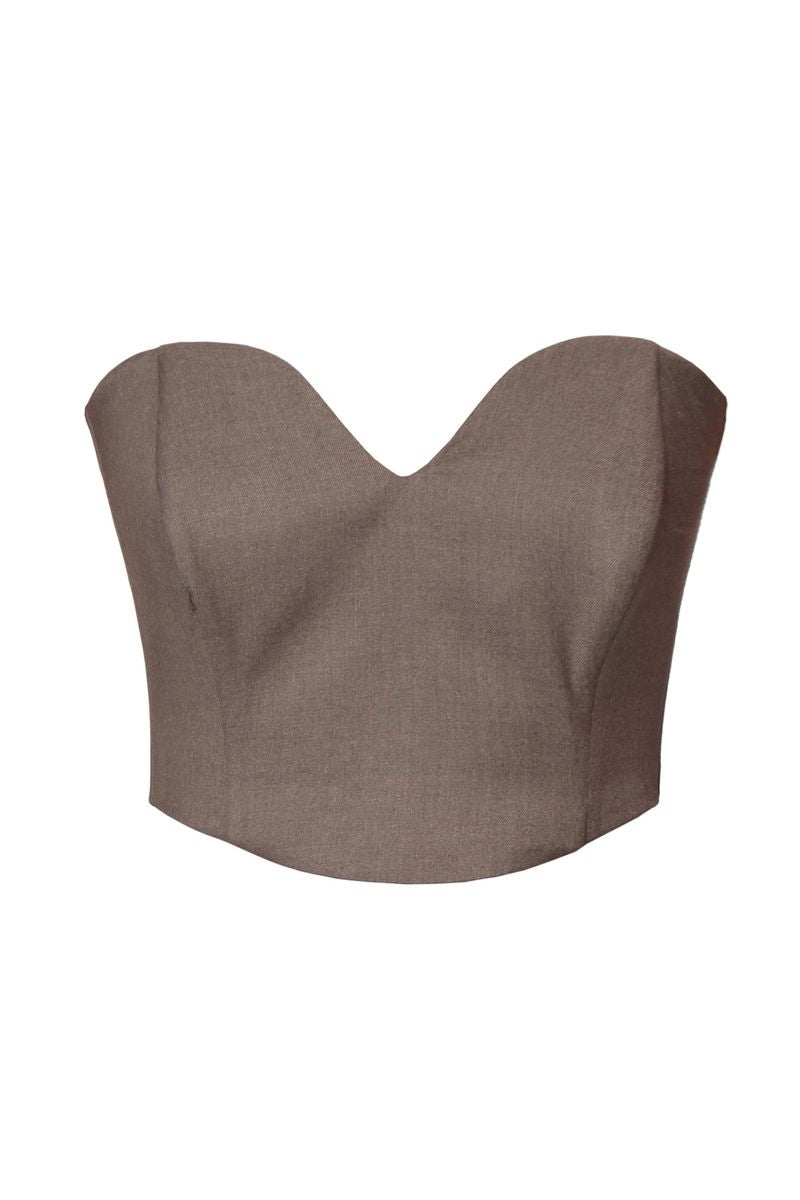 Brown melange LARA corset top by AGGI by HALEWSKI featuring a fitted design and stylish detailing.