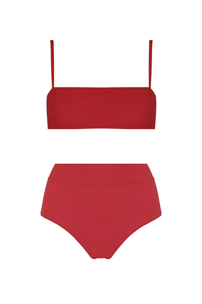 RED BANDEAU TOP AND HIGH-RISE BOTTOM BIKINI - CULT MIA