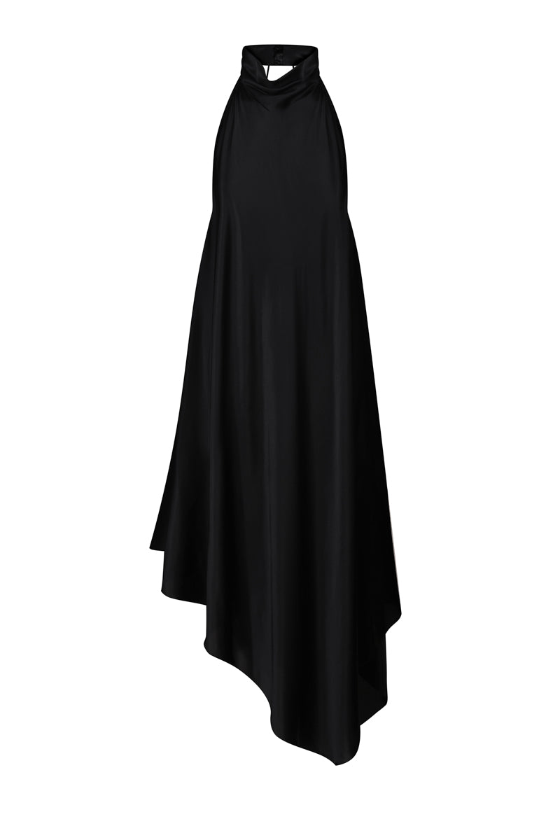 BLACK SILK BACKLESS MIDI DRESS