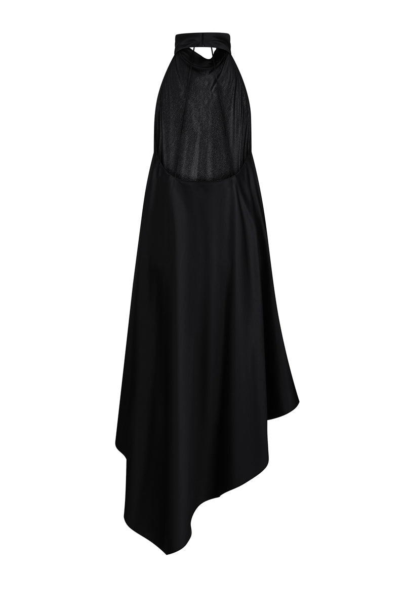 Black silk backless midi dress by ELENAREVA, featuring a sleek design and elegant backless style, perfect for formal occasions.