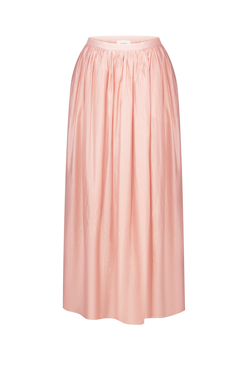Dusky pink balloon midi skirt by ELENAREVA, featuring a voluminous silhouette and elegant flowy fabric.