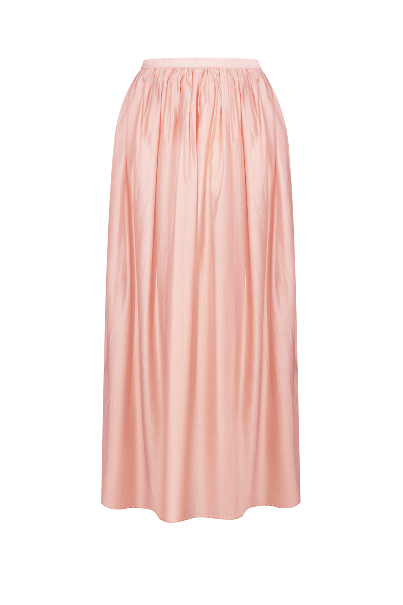 Dusky pink balloon midi skirt by ELENAREVA, featuring a flowing, voluminous design with a smooth waistband and elegant silhouette.