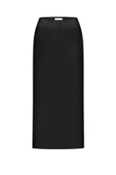 Black satin midi skirt by ELENAREVA, showcasing smooth fabric and elegant length on a neutral background.