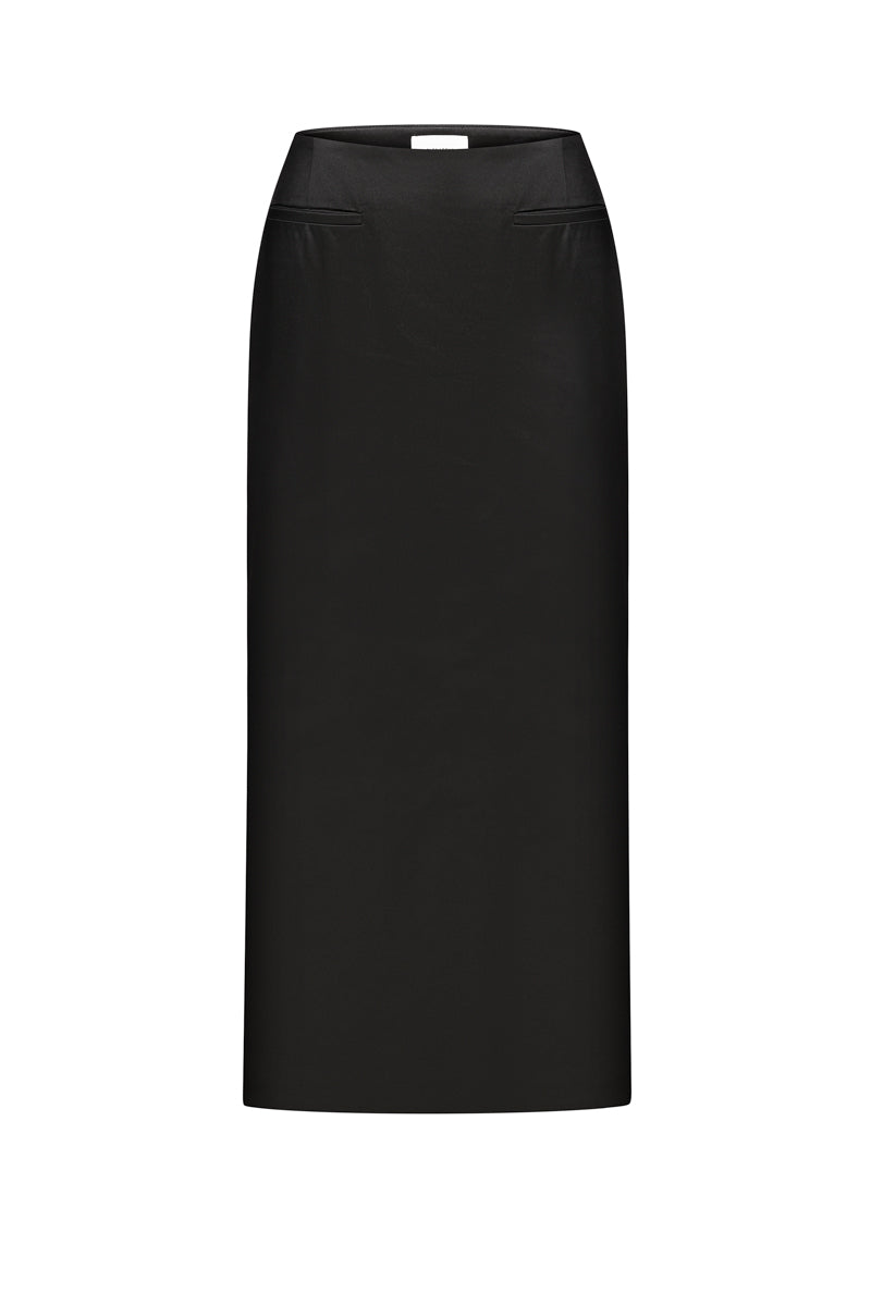Black satin midi skirt by ELENAREVA, showcasing smooth fabric and elegant length on a neutral background.