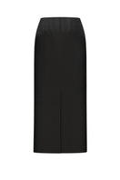 Black satin midi skirt by Elenareva with a sleek, smooth fabric and elegant knee-length design.