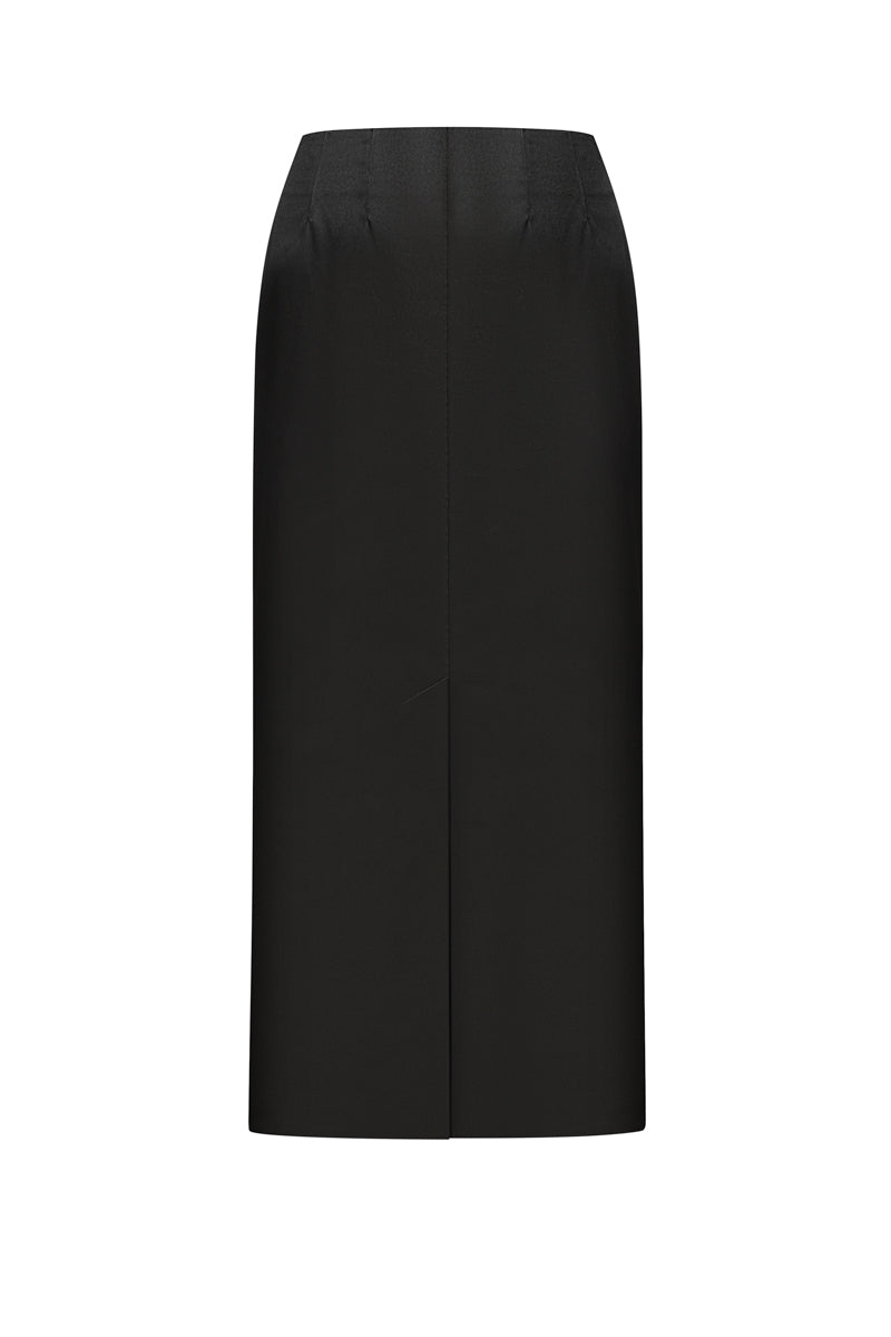 Black satin midi skirt by Elenareva with a sleek, smooth fabric and elegant knee-length design.