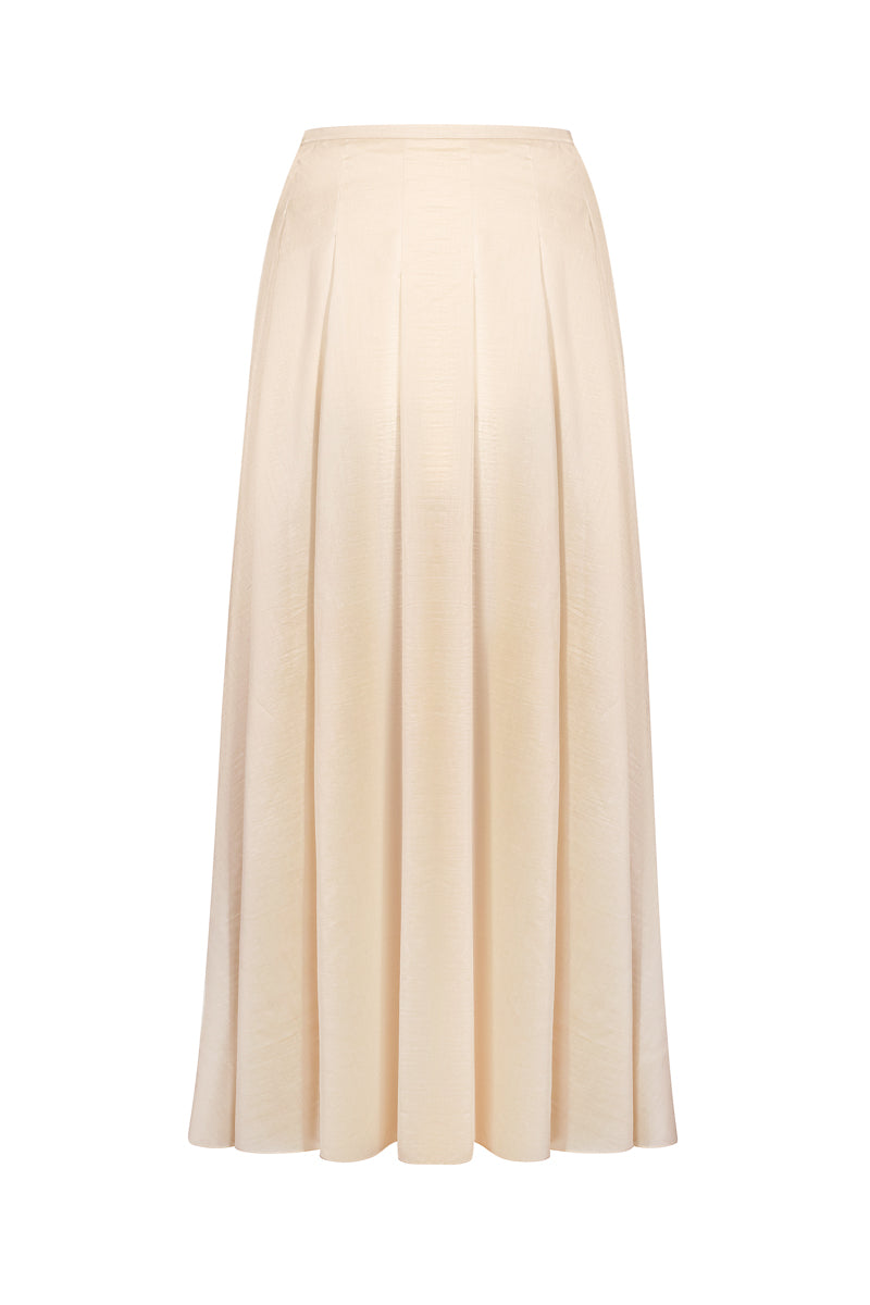 ELENAREVA cream sheer midi skirt displayed on a hanger, showcasing lightweight, flowy fabric and elegant design.