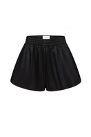 Black satin boxer shorts by ELENAREVA, featuring smooth fabric and comfortable fit, shown laid flat in the image.