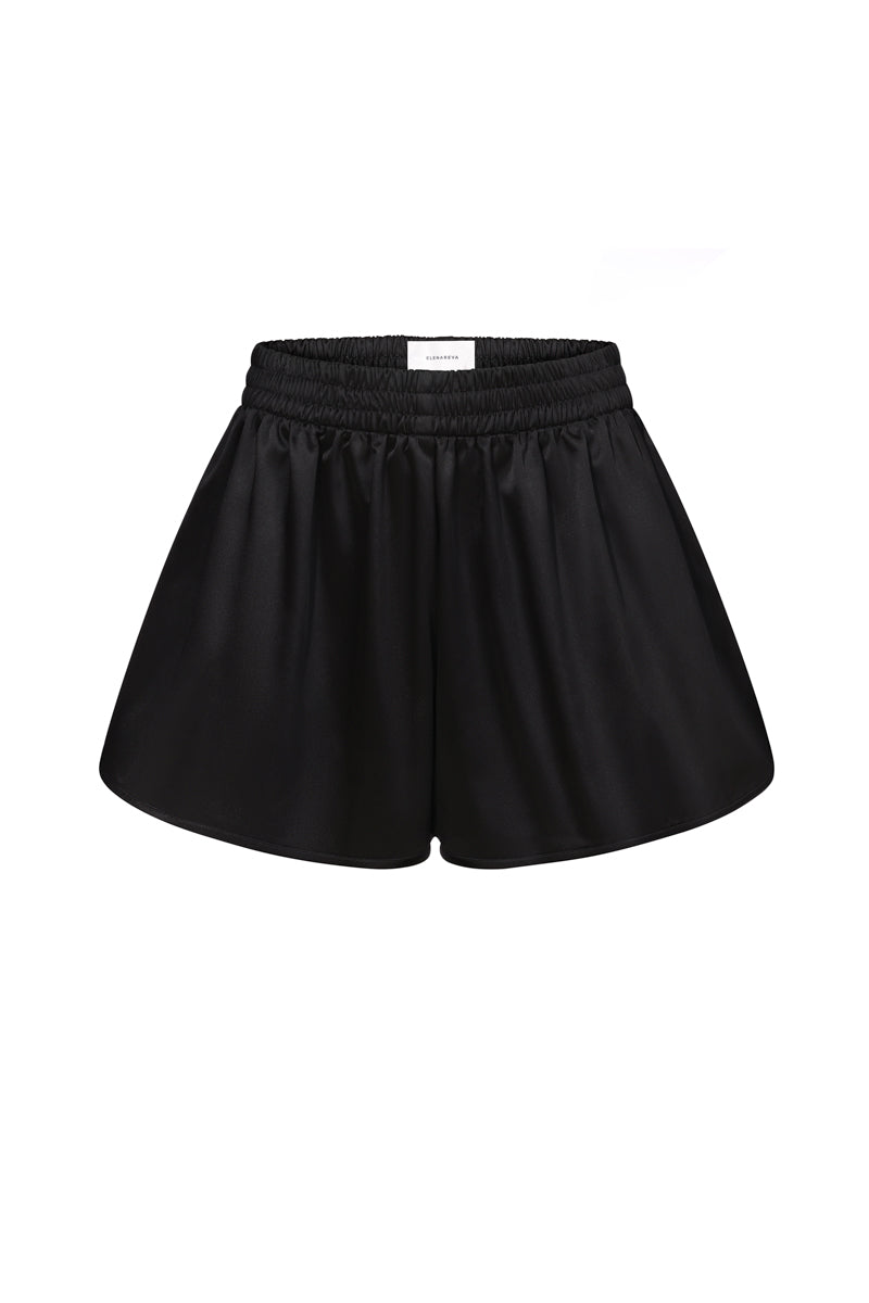 Black satin boxer shorts by ELENAREVA, featuring smooth fabric and comfortable fit, shown laid flat in the image.