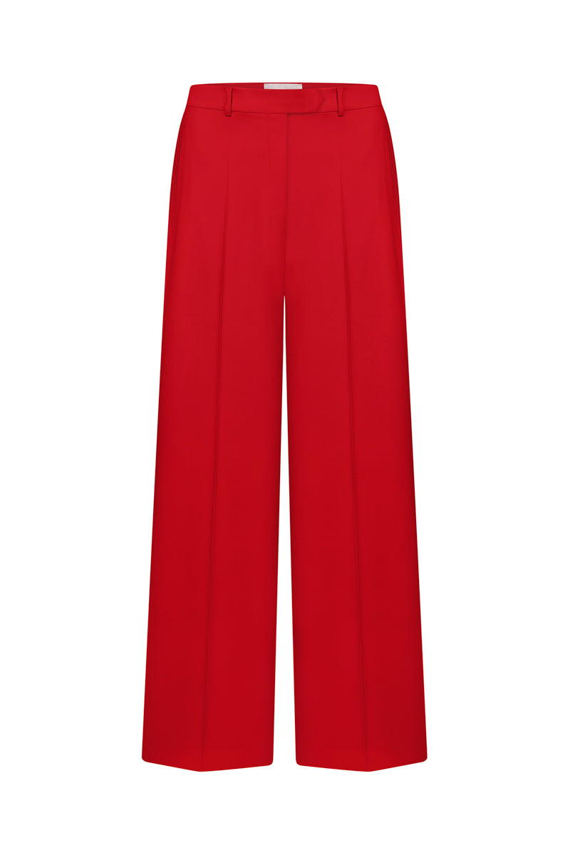 Red straight-leg trousers by ELENAREVA, featuring a tailored fit and classic style, displayed on a neutral background.