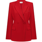 Red wool tailored blazer by Elenareva shown on a hanger, featuring a classic fit with lapel collar and button closure.