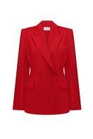 Red wool tailored blazer by Elenareva shown on a hanger, featuring a classic fit with lapel collar and button closure.