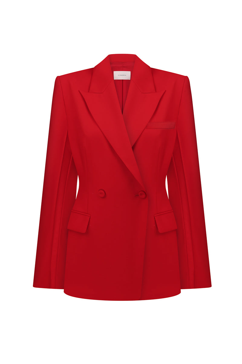 Red wool tailored blazer by Elenareva shown on a hanger, featuring a classic fit with lapel collar and button closure.