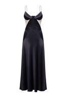 Black silk midi dress with cream detailing from ELENAREVA, featuring a sleek silhouette and elegant design.