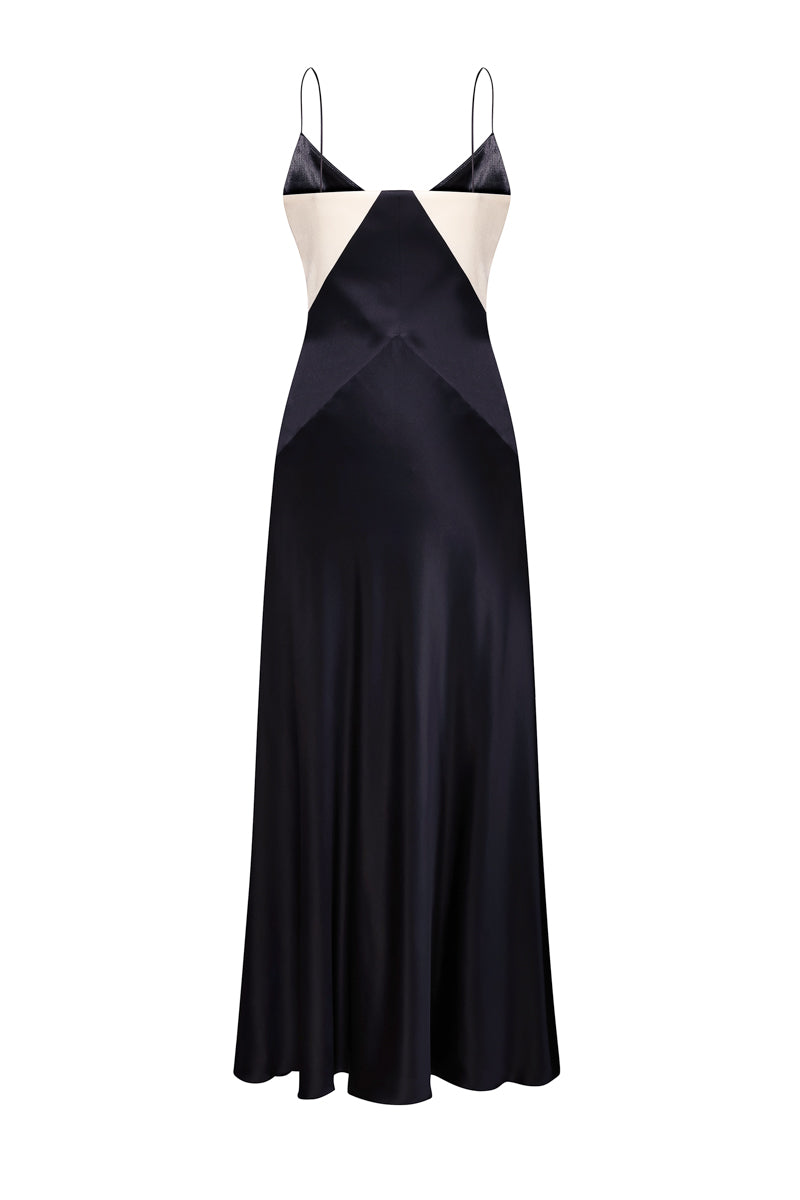 black silk midi dress BLACK SILK MIDI DRESS WITH CREAM DETAILS | CULT MIA