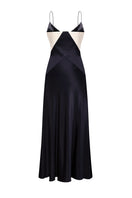 Black silk midi dress with cream details by ELENAREVA, featuring a fitted silhouette and elegant design.