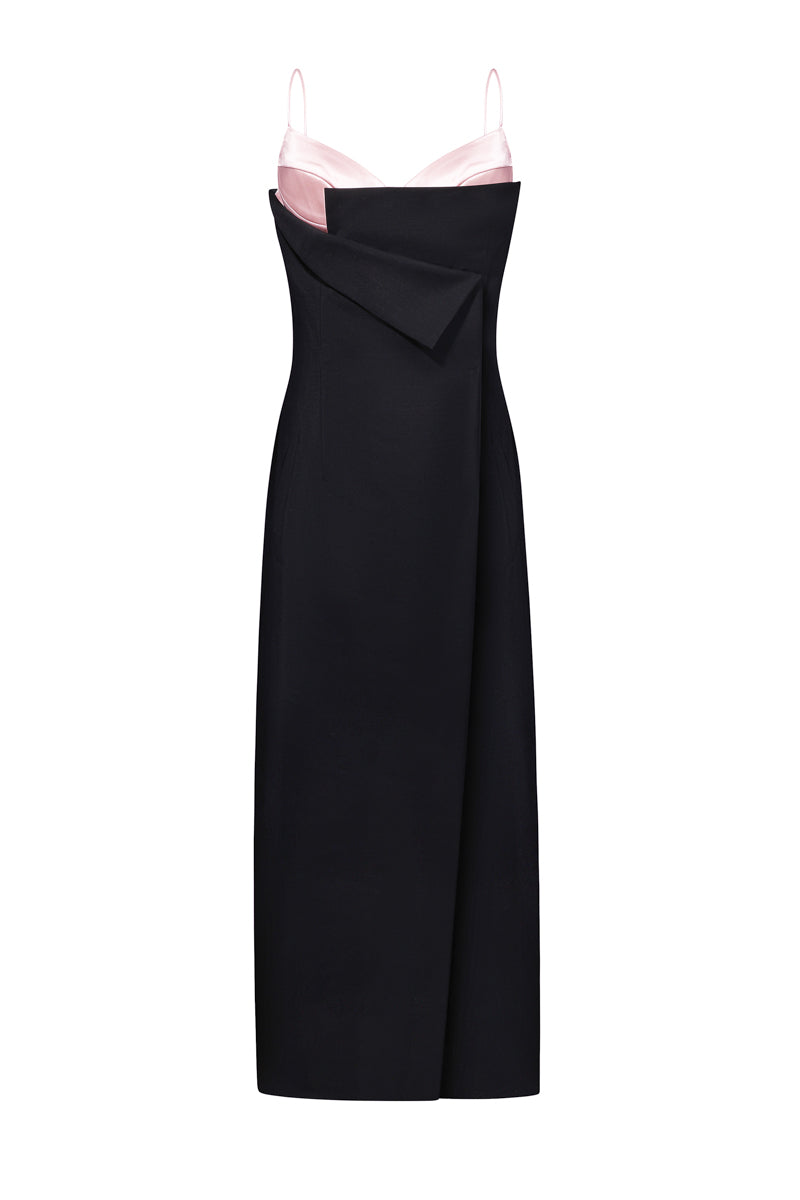 Elegant gown featuring a pink satin bustier by ELENAREVA, showcasing smooth satin fabric and sophisticated design.