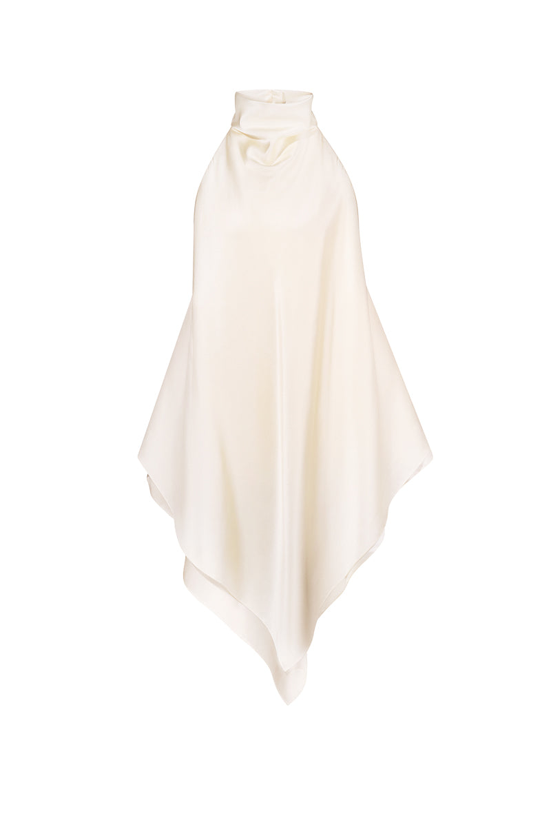 Cream silk open back blouse by Elenareva, stylish tops with a flowing fabric and open back design, perfect for elegant outfits.