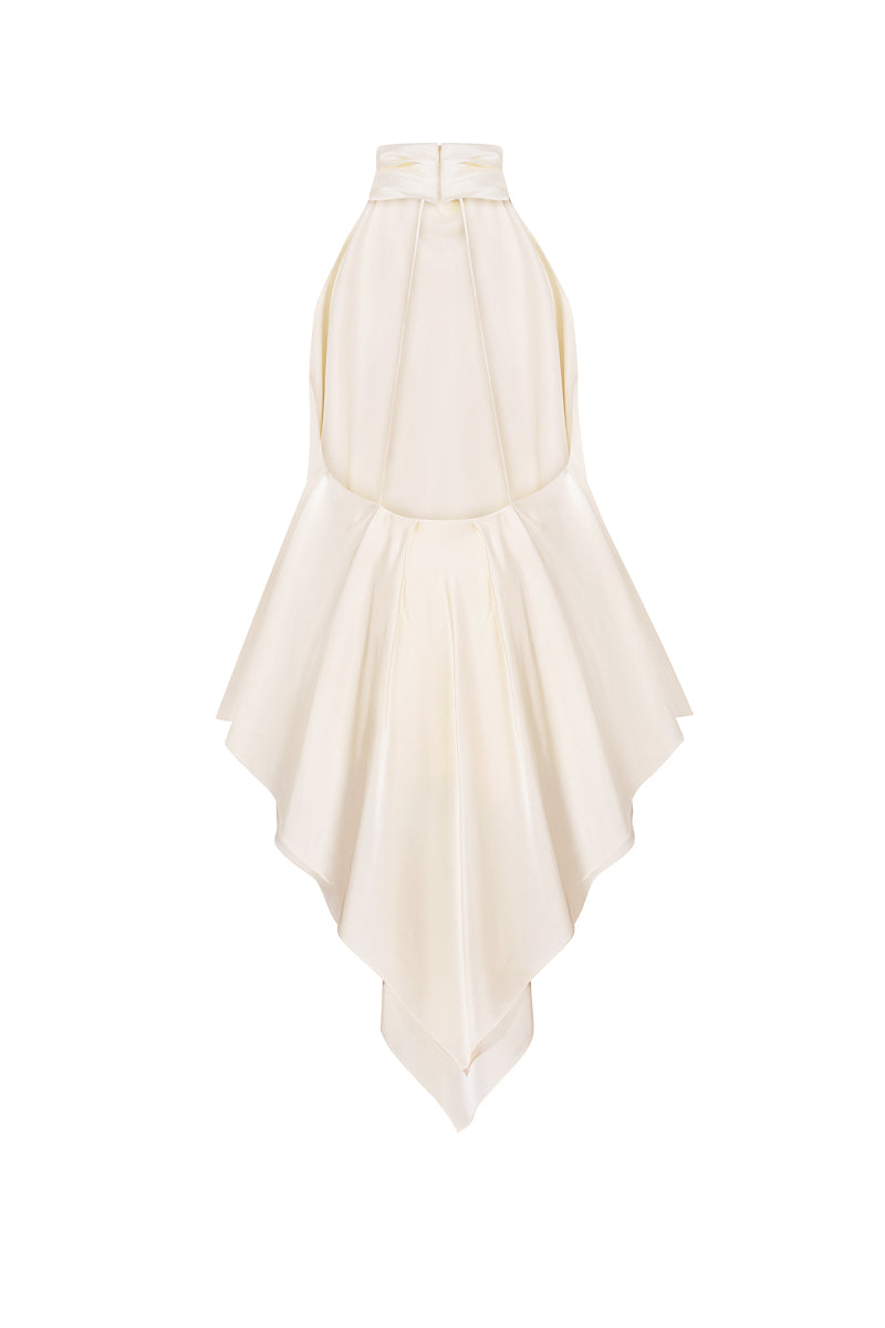 Cream silk open-back blouse by Elenareva, featuring a stylish design with long sleeves and a flowy silhouette.