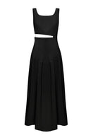 Black midi cutout dress by ELENAREVA featuring a sleek design and stylish cutouts, perfect for elegant occasions.
