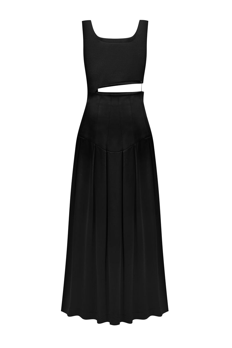 Black midi cutout dress by ELENAREVA featuring a sleek silhouette and stylish cutout details.