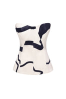 Cream corset top with black graphic lines from ELENAREVA, featuring a fitted design and stylish pattern.