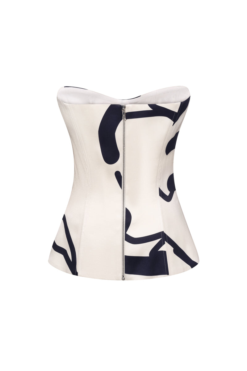 ELENAREVA cream corset top with black graphic line design, fitted style, and adjustable straps, perfect for trendy fashion looks.