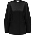 Black satin blazer from ELENAREVA, stylish jacket with a smooth satin finish, tailored fit, and classic lapel design.
