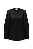 Black satin blazer from ELENAREVA, stylish jacket with a smooth satin finish, tailored fit, and classic lapel design.