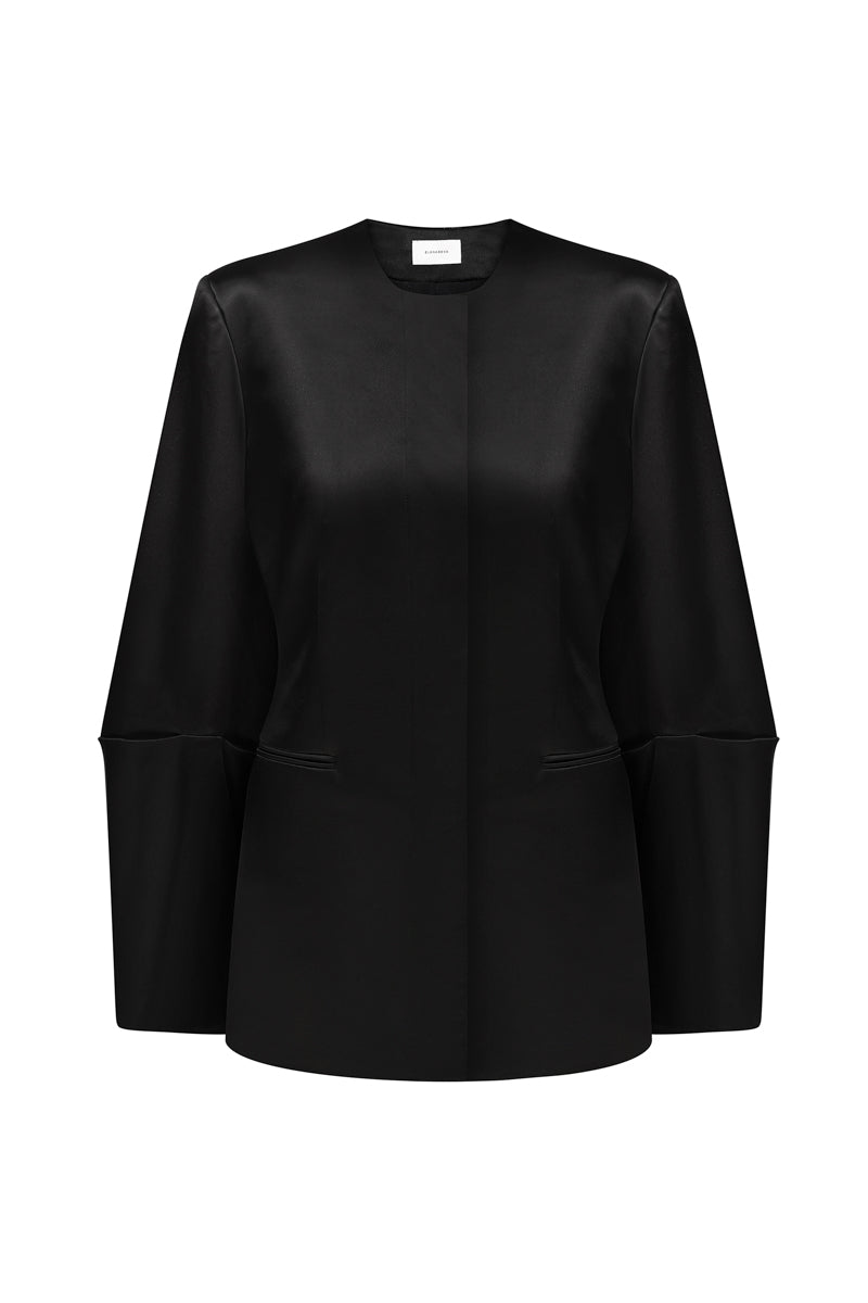 Black satin blazer from ELENAREVA, stylish jacket with a smooth satin finish, tailored fit, and classic lapel design.