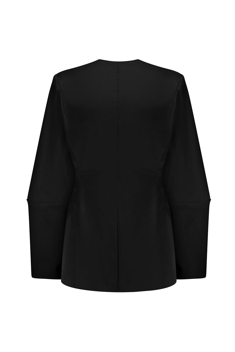 Black satin blazer by ELENAREVA, tailored jacket with a sleek, shiny finish, featuring a classic fit and stylish lapel design.