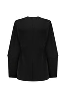 Black satin blazer by ELENAREVA, tailored jacket with a sleek, shiny finish, displayed on a hanger.