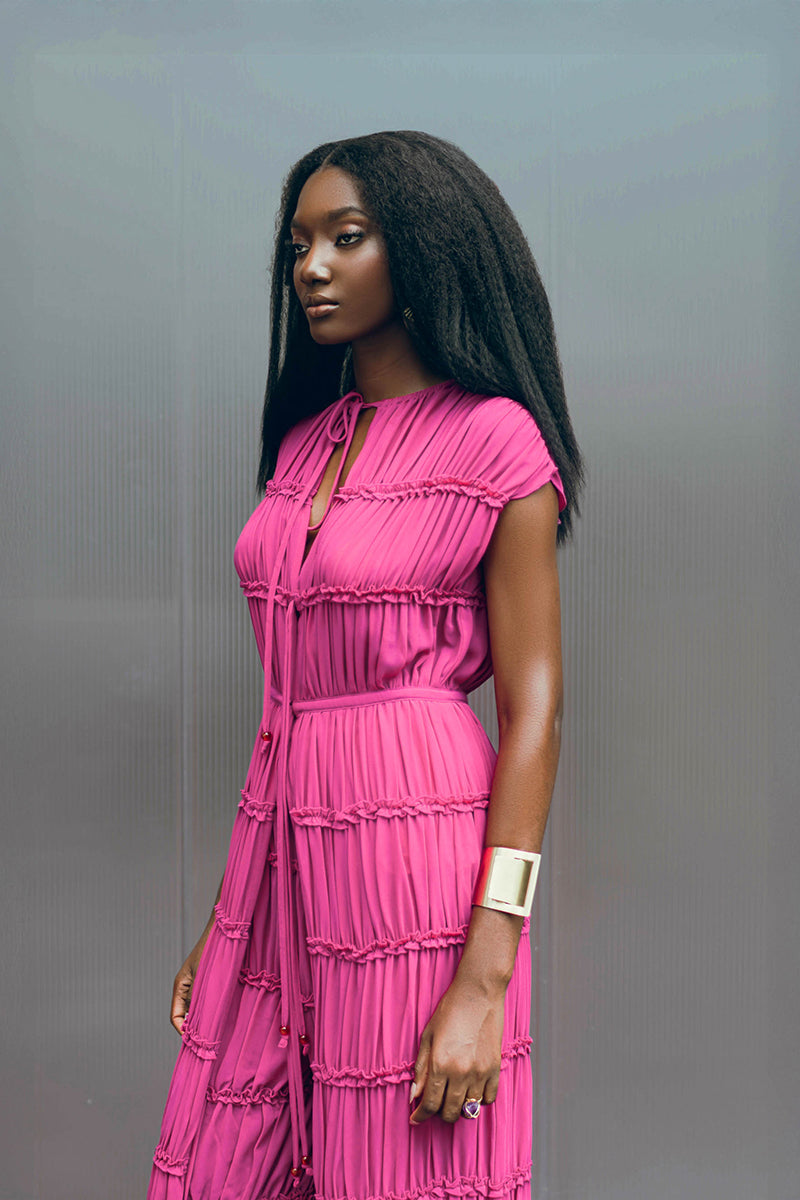 Magenta SINA tunic maxi dress by Andrea Iyamah, flowing design with intricate details, perfect for elegant summer wear.