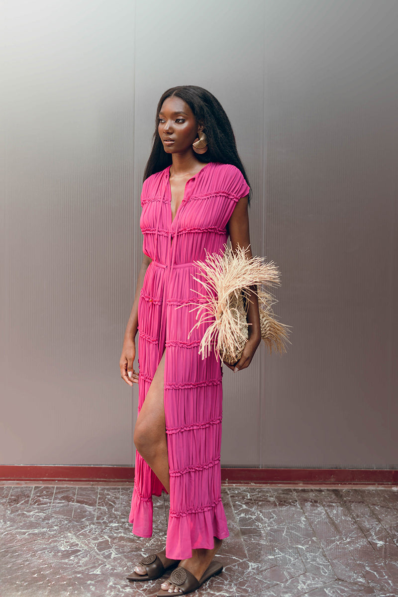 Magenta SINA tunic maxi dress by Andrea Iyamah, flowing fabric with a stylish design, shown in a full-length view.
