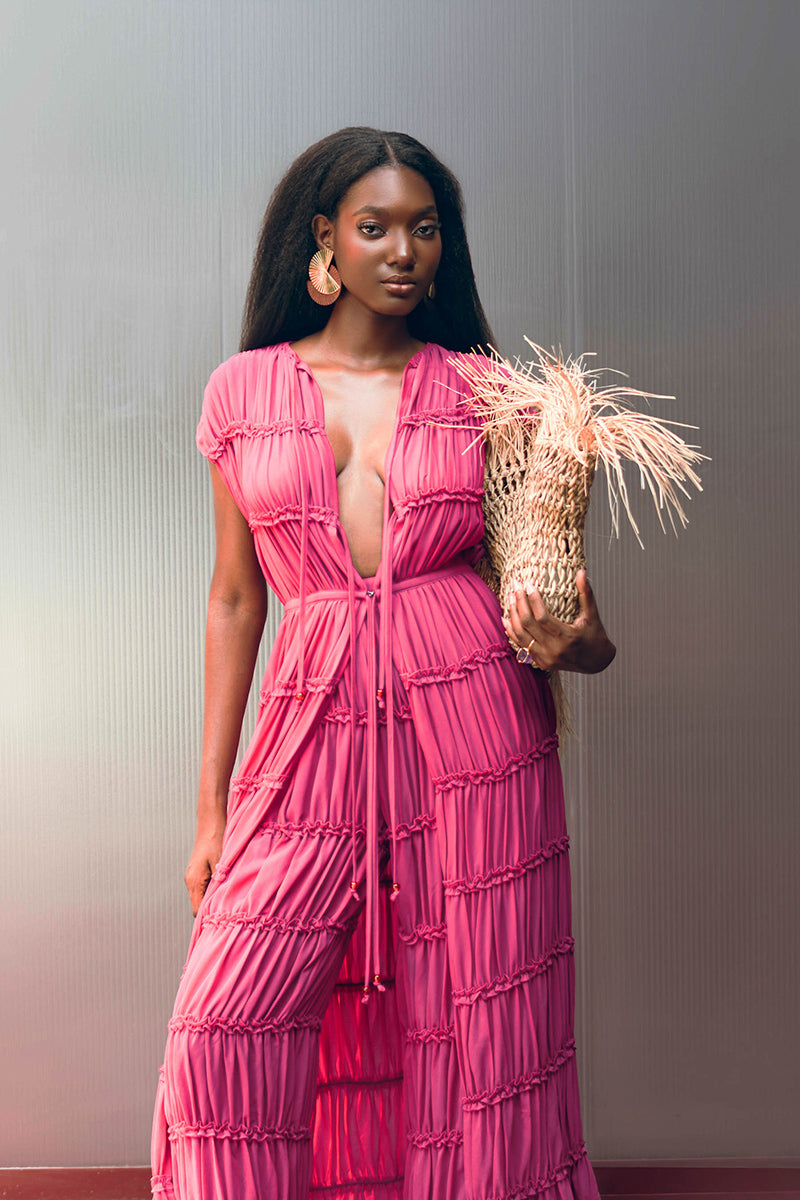 Magenta SINA tunic maxi dress by Andrea Iyamah, flowing fabric, sleeveless design, styled with a high neckline and elegant silhouette.