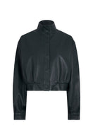 Lorena Saravia Allany jacket in vibrant green, featuring a stylish front view with tailored collar and sleek design.