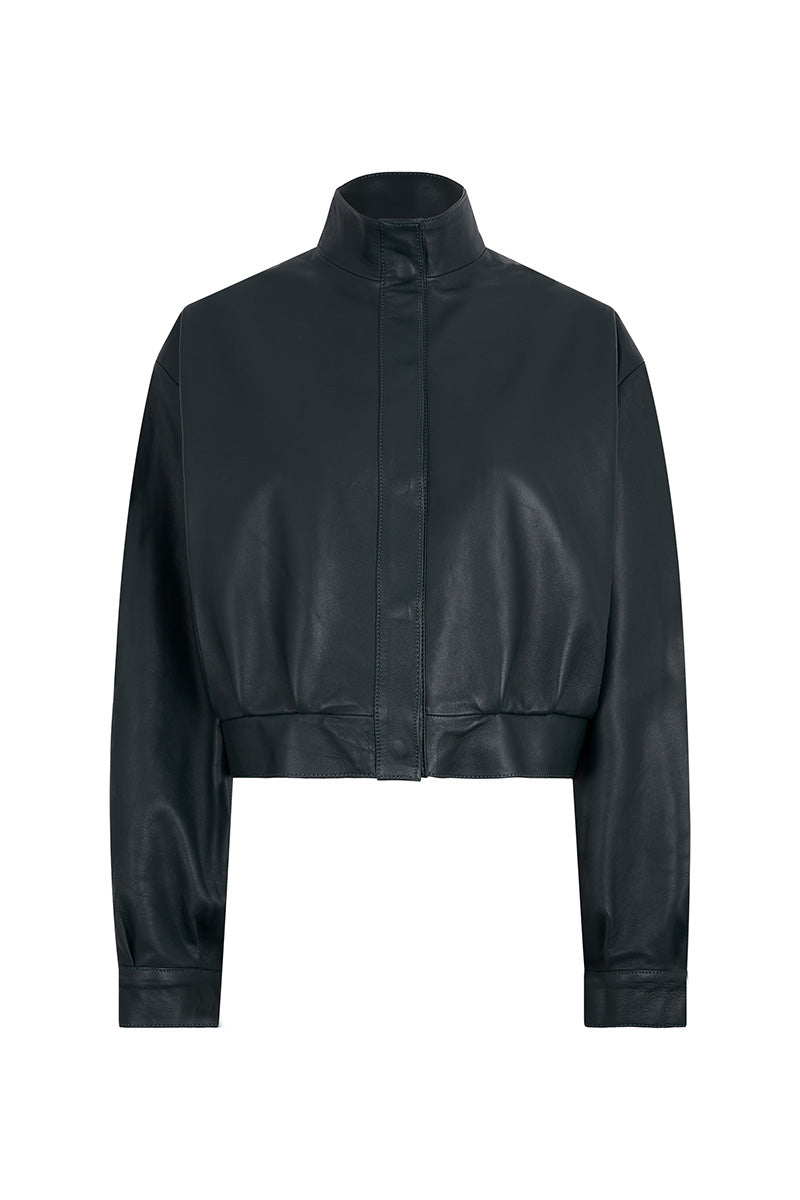 Lorena Saravia Allany jacket in vibrant green, featuring a stylish front view with tailored collar and sleek design.