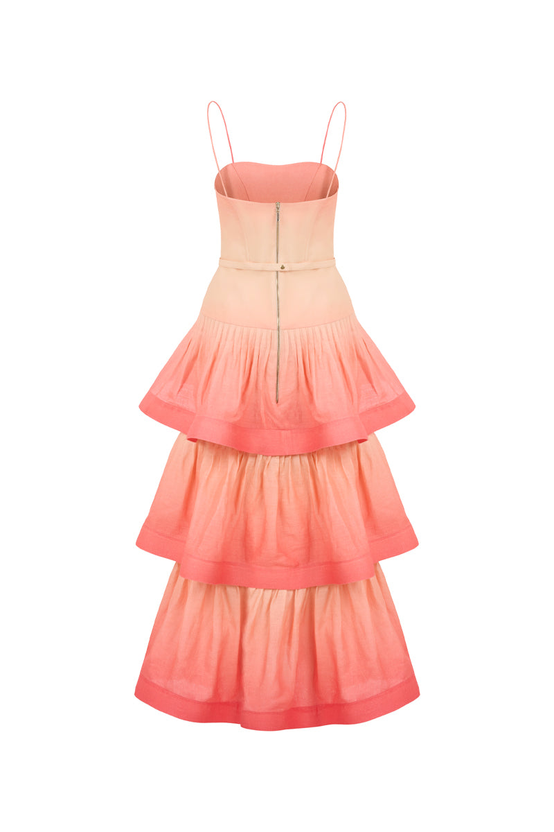 AISA Coralie Maxi Dress in flowing fabric with a floral pattern, displayed on a hanger against a neutral background.