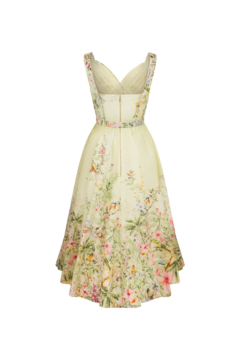 AISA Gardenia floral midi dress with a flowing silhouette and vibrant botanical print, perfect for summer or garden parties.