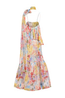 AISA Valentina maxi dress in flowing fabric with floral pattern, sleeveless design, and V-neck, displayed on a hanger.